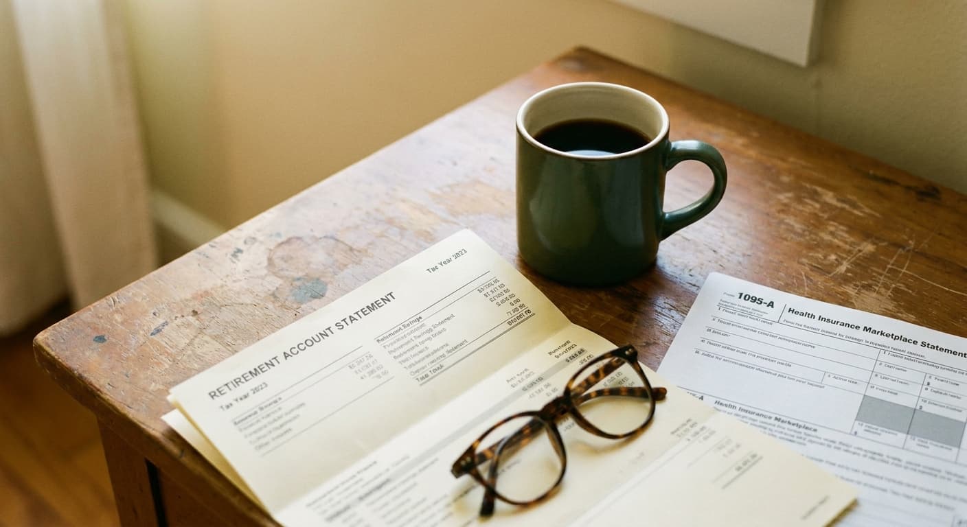 Couple in their late 50s reviewing health insurance options at home