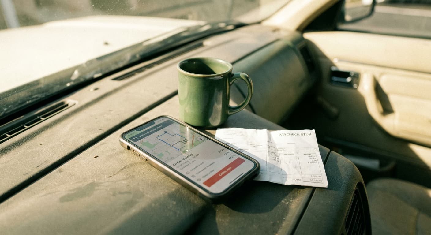 Delivery driver on a bicycle checking a phone with health plan cards floating nearby